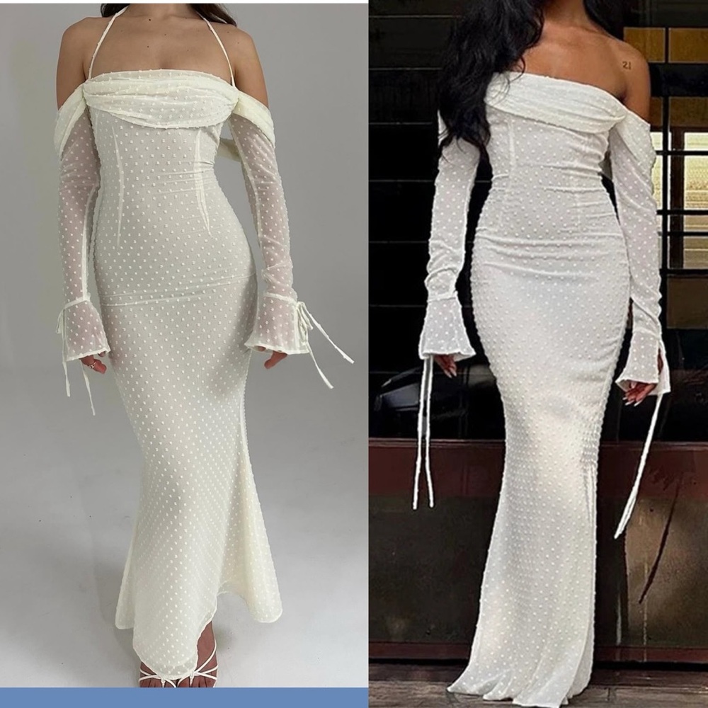 Miss Circle ivory off white mesh Long Sleeve Off Shoulder Maxi Dress
